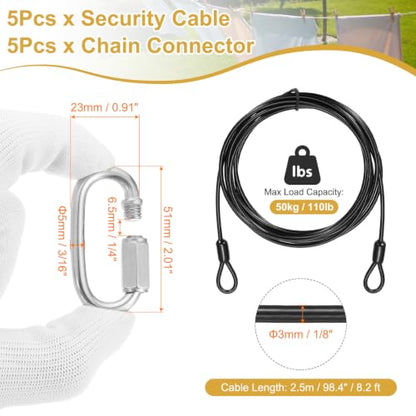 PATIKIL Security Cable Lock (1/8" Dia 8.2ft, Black)(5 Set) Vinyl Coated 304 Stainless Steel Double Loop Flexible Wire Rope Safety Cable with Quick Links Locking Connectors - color: Black, size: 1/8" x 8.2ft