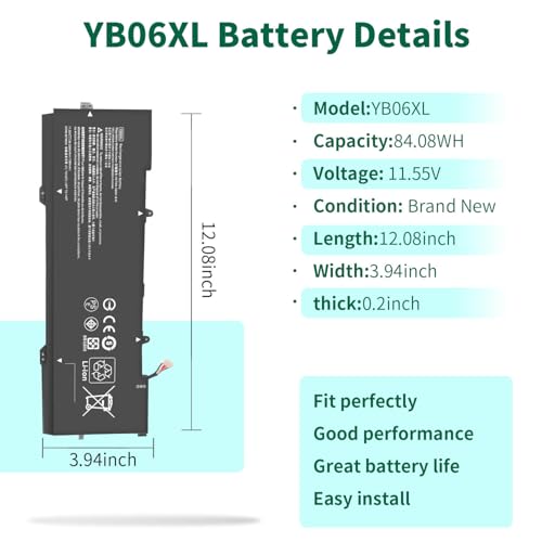 DMKAOLLK 84.08Wh YB06XL 928372-855 928427-272 Battery for HP Spectre X360 | Convertible 15-CH011DX 15-CH0XX 15T-CH000 15-CH011NR 15-CH 15T-CH Series 928372-856 928427-271 YB06084XL 11.55V - size: 12.08*3.93*0.2inch YB06XL
