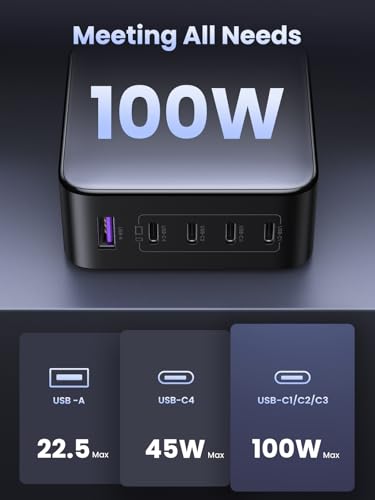 UGREEN Nexode 100W GaN USB C Laptop Charger, 5-Port Fast Charging Power Adapter Compatible with MacBook Pro/Air, iPhone 17/16/15 Series, Galaxy S25/S24, Pixel 10/9, iPad Air, Steam Deck