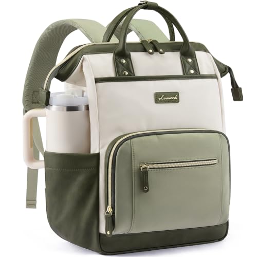 LOVEVOOK Laptop Backpack for Women with Giant Tumbler Holder,17 inch Professional Nurse Teacher Backpack Computer Laptop Bag,Cute Travel Backpack Purse Work College Bag, Beige-Bean green-Army green - color: Beige-bean Green-army Green, size: 17 Inch