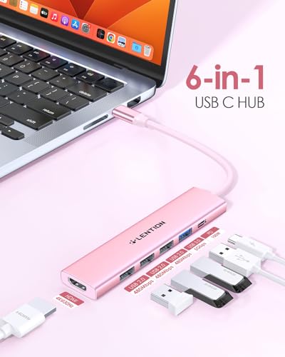 LENTION 6-in-1 USB C Hub, 4K@30Hz HDMI, 100W PD, 1 USB 3.0, 3 USB 2.0 | Ideal for Work & Study, Stable Driver 3.0 Certified, Compatible with macOS, iOS/iPadOS, Windows & ChromeOS (CH17, Rose Gold) - color: Rose Gold