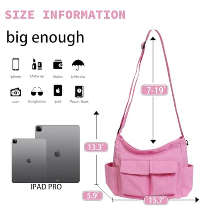 Canvas Messenger Bag Large Hobo Crossbody Bag with Multiple Pockets Casual Shoulder Tote Bag for Women and Men - color: Pink