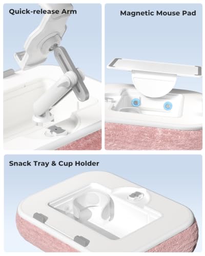 Viozon Kindle Pillow Stand Holder, Phone Holder for Bed, Laptop Lap Desk with Mouse Pad,Compatible with 4.7-13" Kindle/Tablet/Phone,10-15" Laptop, Snack Bowl&Cup Attachment&Detachable 360° Stand Arm,P - color: Pink