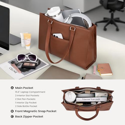 befen Genuine Leather Tote Bag for Women Work Travel Leather Purse Handbags | Real Leather, Padded 14" Laptop Compartment, Multi-Pockets, Zipper, Tote Bag for Daily - color: Z2-cognac Brown