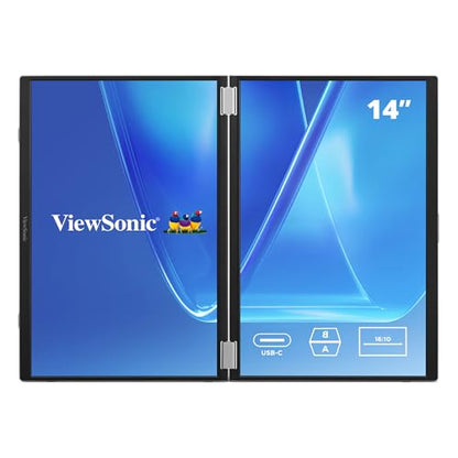 ViewSonic VG1457 Dual Screen 14 Inch 1200p Portable Monitor, Foldable IPS | Laptop Extender, USB C, 65W Power Delivery, G Sensor Rotation, Macs, PC, Anti Glare, Travel Work, 2W Speakers, AC Adapter Kit