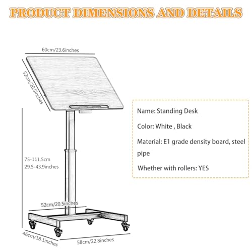 Height Adjustment Standing Desk, School Stand Up Desk with Wheels, Office Flippable Moved Laptop Table, Anti-Fall Fence Design Side Table(Black) - color: Black