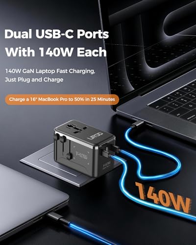 140W Max GaN Universal Travel Adapter, 3 USB C 1 USB A & 2500W AC Outlet, International Power Adapter for EU UK US AU 200+ Countries, Fast Charger Compatible with MacBook, iPhone, Laptop and More