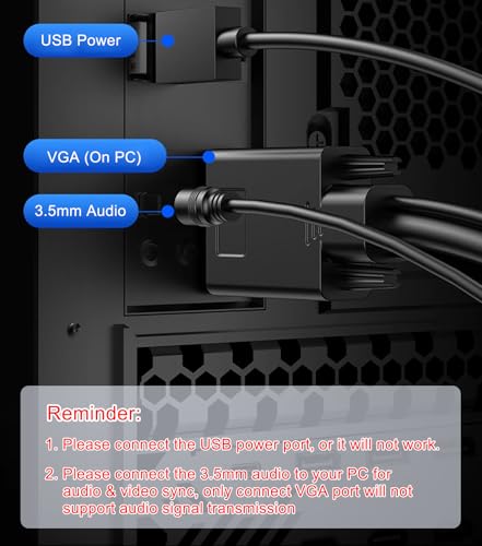 VGA to HDMI Adapter Cable 6FT, VGA (Source) to HDMI (Display) Cable with Audio & USB Power, 1080P@60Hz Display Cord from Desktop PC Laptop to TV Monitor Projector