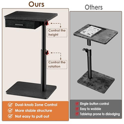 TV Tray with Drawer & Device Slot, Swivel Height Adjustable bedside table, Sofa Side Table for Eating, C Shaped Couch Table for Living Room & Bedroom, Portable Snack End Table for Couch & Bed, Black