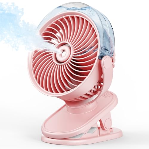 SWEETFULL Portable Misting Clip On Fan, USB-C Rechargeable Mini Personal Cooling Fan with 4 Speeds, 360° Rotatable, Quiet Cooling for Outdoor, Camping, Golf Cart, Travel, Stroller & Desk (Pink) - color: Pink