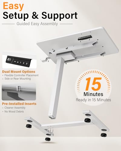 FiCiHi Electric Overbed Table, Adjustable Height Bedside Desk with Hidden Wheels, Rolling Sit-Stand Laptop Table for Bed, Couch, Sofa, Home Office & Hospital Use, (24" x 16", White) - color: White, size: 24 x 16"
