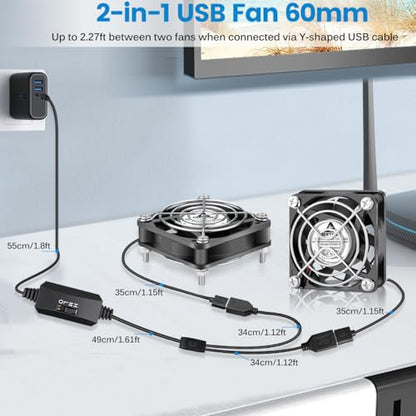 GDSTIME Dual 60mm x 15mm USB Fan w/ 3 Speed Control 5V Brushless DC Cooling | 2 in 1 USB PC Fans, for Router, Modem, NVR, Raspberry Pi, Mini Computer, Ebike Battery Charging Case, DIY Project Ventilation - size: 60x15mm