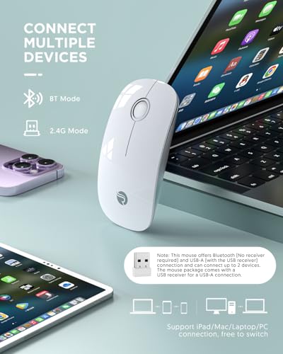 RAPIQUE Bluetooth Wireless Mouse, BT5.1＆ 2.4G Slim Dual Mode, White - color: White