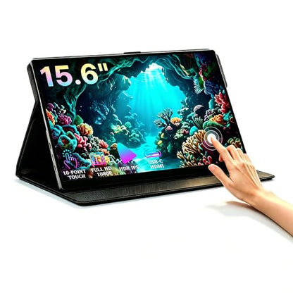 KOOFORWAY 15.6" FHD Portable Monitor Touchscreen for Laptop | 10-Point Touch FHD IPS screen with dual speakers, protective case & stand. For Laptop PC Phone Gaming