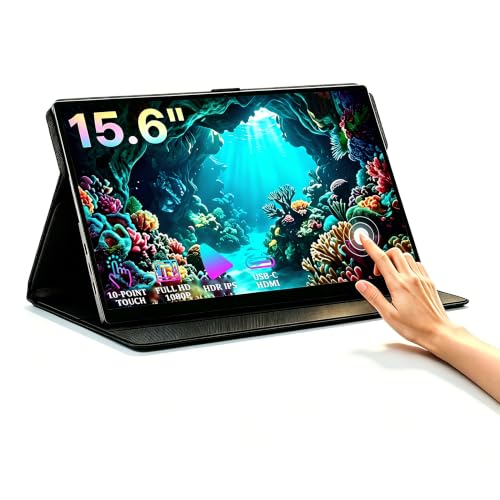 KOOFORWAY 15.6" FHD Portable Monitor Touchscreen for Laptop | 10-Point Touch FHD IPS screen with dual speakers, protective case & stand. For Laptop PC Phone Gaming