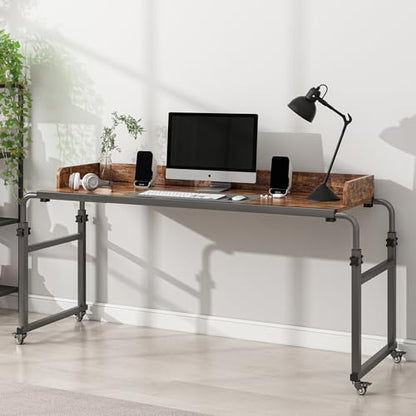 LINGMI Kids and Adult Desk, Overbed Table with Wheels, Bed Desk Recliner Table Adjustable Height Laptop Table, Queen King Size Over The Bed Table with Metal Leg(Rustic Brown) - color: Rustic Brown