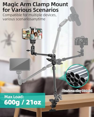 22" Magic Arm w Clamp, Overhead Phone Mount, Desk Camera Mount w Articulating Friction Boom Arm Thread Adapter, for Phone Video Light Webcam Microphone Action Camera Content Creators - size: 22IN-BK