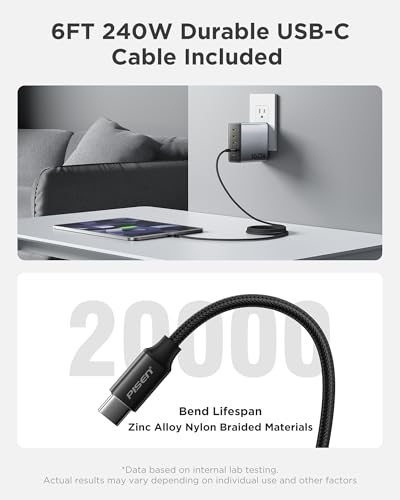 PISEN 160W USB C Charger - PD3.1 GaN Fast Charger USB C 4-Port Foldable Charging Block 160Watt Power Adapter with 6FT 240W Type-C Cable, 160W Charger for MacBook, Laptops, Samsung, iPad, iPhone Series