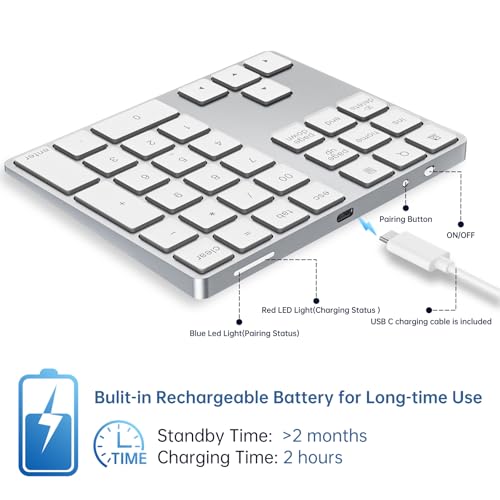 Bluetooth Number Pad, Rechargeable Wireless Numeric Keypad Slim 34-Keys Aluminum Number Keypad External Data Entry Compatible for Laptop - color: Silver, size: Regular 326