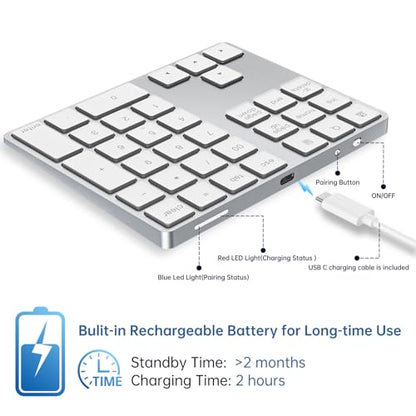 Bluetooth Number Pad, Rechargeable Wireless Numeric Keypad Slim 34-Keys Aluminum Number Keypad External Data Entry Compatible for Laptop - color: Silver, size: Regular 326