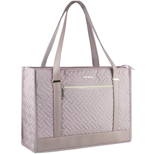 EMPSIGN Laptop Tote Bag for Women 16 Inch, Stylish Computer Shoulder Tote Bag for Work, Large Capacity Quilted Laptop Briefcase, Waterproof Women Business Office Bag, Quilted Grey Pink - color: Quilted Grey Pink