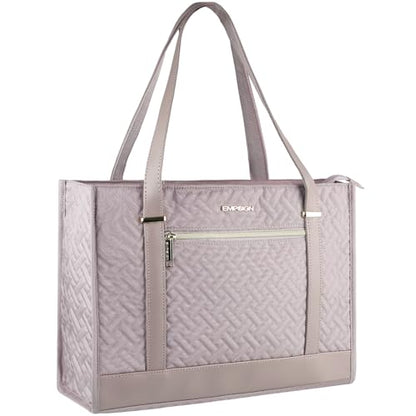 EMPSIGN Laptop Tote Bag for Women 16 Inch, Stylish Computer Shoulder Tote Bag for Work, Large Capacity Quilted Laptop Briefcase, Waterproof Women Business Office Bag, Quilted Grey Pink - color: Quilted Grey Pink