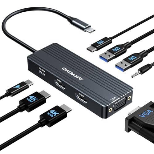USB C Docking Station Dual HDMI Monitor Adapter 8-in-1 USB C HUB 3 Monitors Adapter with 4K HDMI +VGA +PD100W+Audio Laptop Docking Station for Dell/Lenovo/HP/Samsung/ASUS (Black) - color: Black