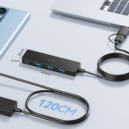 Aceele USB C/A Hub for Laptop, Ultra Slim USB Splitter 4 Port USB 3.0 Data Hub, Multi USB Port Expander with 4Ft Long Extension Cable for Desktop Mini PC,MacBook Air/Pro, iMac, PS5, Flash Drive - style: 4ft (A to C)