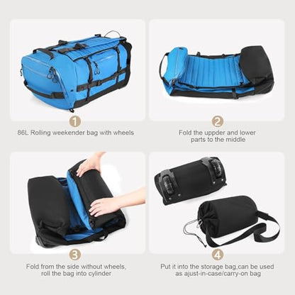 Rolling Duffle Bag with Wheels,86L 30”Carry on Luggage with Wheels,Folding Travel Bag,Duffle Backpack with Separate Shoe Compartment (Blue) - color: Blue