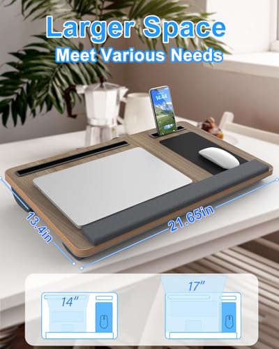Laptop Lap Desk, Portable Large Laptop Desk for Bed, Up to 17 in Lap Table with Wrist Rest, Mouse Pad, Tablet Phone Slot, Portable Handle, Cushion (Dark Brown Woodgrain) - color: Dark Brown Woodgrain