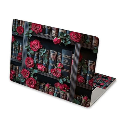 Universal Laptop Skin Sticker for 12/13/14/15.6 Inch Laptops, Reusable Vinyl Laptop Decal Cover, Waterproof Scratch Resistant Notebook Skin with 2 Wrist Pads,Red Roses Bookcase - color: Red Roses Bookcase