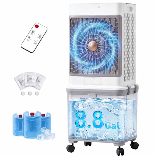 Upgraded Protable Evaporative Cooler 8.8 Gallon Cooler with Detachable Tank | Swamp Cooler with 120° Oscillation, 7-Hour Timer, Remote Control, Detachable Tank, Easy Clean for Bedroom Garage