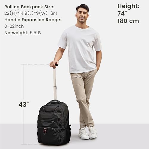 Boavan Wheeled Backpack,18.4 inch Water Resistant Rolling Backpack,Carry on Luggage Business Bag, Overnight College Computer Backpacks Trolley Suitcase for Men Women Adults to Travel，Black - color: Black, size: 18.4 inches