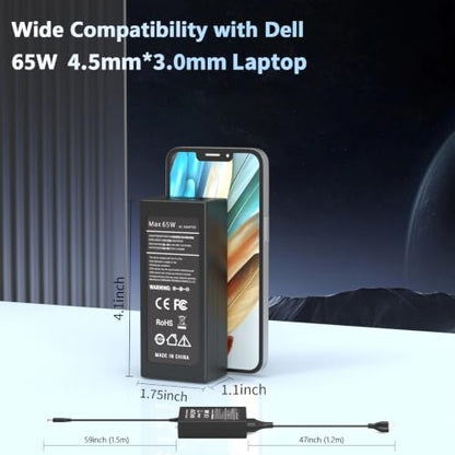 65W 4.5mm Tip Laptop Charger Compatible with Dell Inspiron 14 15 16 | For Dell Inspiron 15 3511 3520 3530 3535 3540 5559 5568 2-in-1, 16 5620 5630 5640 7640, 14 5420 5430 5490 2-in-1 AC Adapter