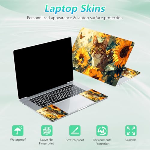 Laptop Skin Sticker Decal 12"-15.6" Universal Laptop/Notebook/Netbook Vinyl - Waterproof Scratch Resistant,Fits HP Dell Lenovo MacBook,2 Free Wrist Pads,Easy Apply & Remove,Cute Cat Sunflower - color: Cute Cat Sunflower