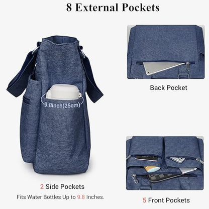VOLGANIK ROCK Canvas Tote Bag Waterproof Nylon Multi Pocket Shoulder Bags Laptop Work Bag Teacher Purse Handbag for Women Men - color: Blue 2