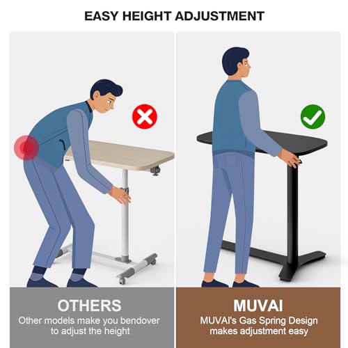 Muvai Overbed Bedside Table with Hidden Casters,30 Inches Adjustable Height Pneumatic Mobile Laptop Standing Desk, Rolling Computer Table for Home & Hospital Use ，Black 30" W x 17.7" D - color: Black