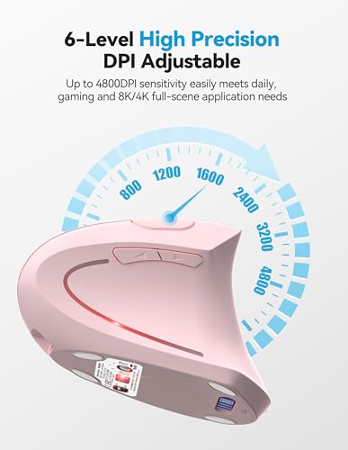 TECKNET Ergonomic Mouse, Rechargeable 2.4G+Bluetooth Vertical Mice 6 DPI Adjustable, Wireless Optical Carpal Tunnel Mouse Right Hand, Multi Device for Laptop, PC, Computer, MacBook, iPad - Pink - color: Pink