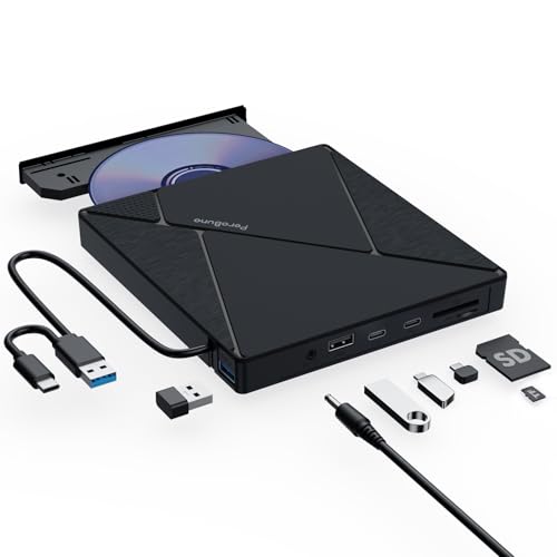 PeroBuno External CD DVD Drive, USB 3.0 Optical Disc Drive, 4 USB Ports and 2 TF/SD Card Slots, CD DVD Burner Writer Reader Player for Laptop MacBook iMac Desktop PC Windows 11/10/8/7/XP Linux Mac OS - color: Grid Black
