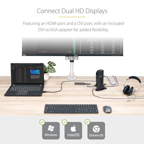 StarTech USB-A Dual Monitor Dock, HDMI & DVI/VGA, 6x USB-A, GbE, Audio, TAA | For USB-A laptops, with four USB 2.0 plus two 5Gbps ports, a DVI-to-VGA adapter, slim upright design and mic/headphone jacks - size: Dual Monitor, style: HDMI | DVI/ VGA | 6 x U