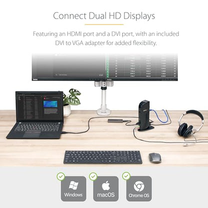 StarTech USB-A Dual Monitor Dock, HDMI & DVI/VGA, 6x USB-A, GbE, Audio, TAA | For USB-A laptops, with four USB 2.0 plus two 5Gbps ports, a DVI-to-VGA adapter, slim upright design and mic/headphone jacks - size: Dual Monitor, style: HDMI | DVI/ VGA | 6 x U