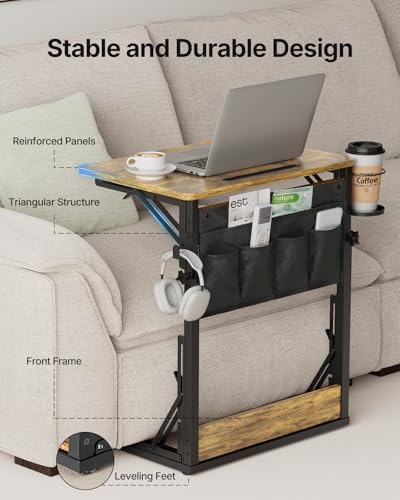 HUANUO Adjustable TV Tray Table – Easy Assembly Folding Desk with Cup Holder, Storage Bag & Tablet Slot, Height Adjustable TV Tray for Bed, Couch & Living Room with Space-Saving Design