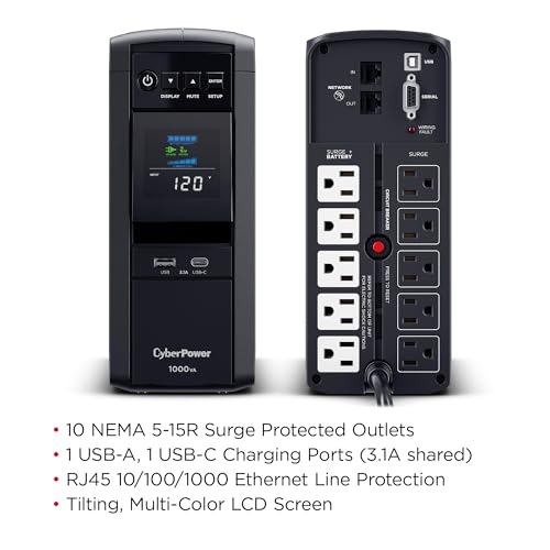 CyberPower CP1000PFCLCD PFC Sinewave UPS Battery Backup and Surge Protector | 10 Outlets, 5 Surge-Only, Avr, Color LCD, USB-a and USB-C Charging - size: 1000VA, style: Mini-Tower