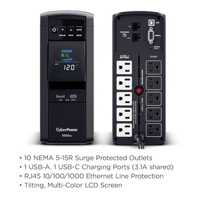 CyberPower CP1000PFCLCD PFC Sinewave UPS Battery Backup and Surge Protector | 10 Outlets, 5 Surge-Only, Avr, Color LCD, USB-a and USB-C Charging - size: 1000VA, style: Mini-Tower