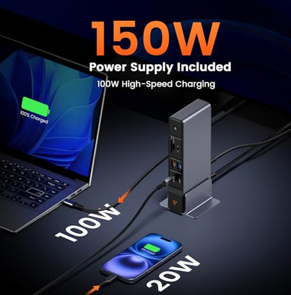 TobenONE Laptop Docking Station 3 Monitors, 8 USB Ports, 150W Adapter | 100W PD and 20W Charging, 2.5G Ethernet, Triple 4K via 2 HDMI, DP, USB C, Single 4K@144, SD/TF 4.0 for Windows/Chrome OS