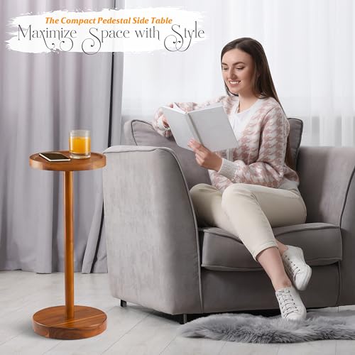 BLUEWEST 22 Inch Tall Drink Table with Phone Slot and Weighted Base, Acacia | Compact, Durable Pedestal Table for Living Rooms, Bedrooms or Offices, Designed for Cocktails, Martinis and Everyday Drinks. - color: Acacia