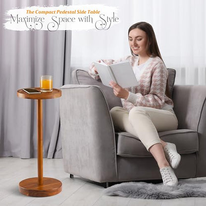 BLUEWEST 22 Inch Tall Drink Table with Phone Slot and Weighted Base, Acacia | Compact, Durable Pedestal Table for Living Rooms, Bedrooms or Offices, Designed for Cocktails, Martinis and Everyday Drinks. - color: Acacia