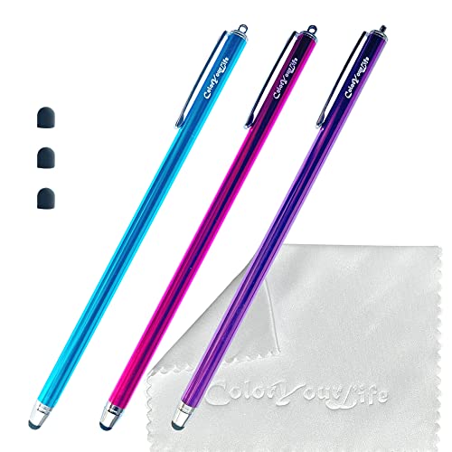Bundle of 3-Pack 7.3" Extra Long Thin Tip High Precision Universal Capacitive Stylus Pens for Touch Screens and Microfiber Cloth (Purple, Hot Pink, Blue) - color: Purple, Hot Pink, Blue