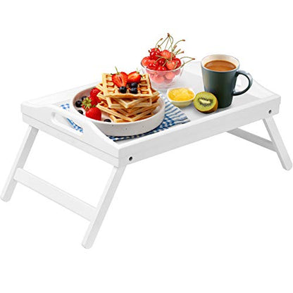 Breakfast Tray Folding Legs with Handles Kids Bed Tray Table for Sofa Eating,Drawing,Platters Bamboo Serving Lap Desk Snack Tray - color: White