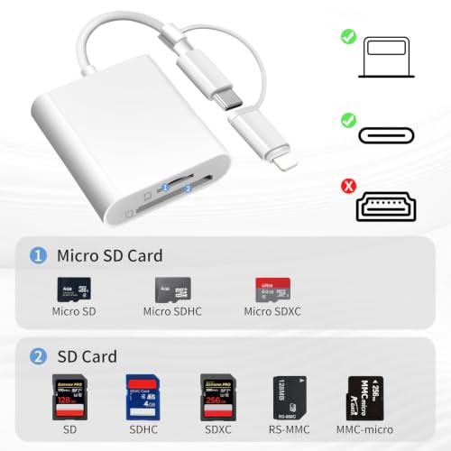 [Apple MFi Certified] SD Card Reader for iPhone iPad, USB C & Lightning Dual Interface Memory Card Reader, Digital Camera Adapter to iPhone, Trail Game Camera Viewer Supports SD/TF Card, Plug & Play - color: white-Card Reader 01